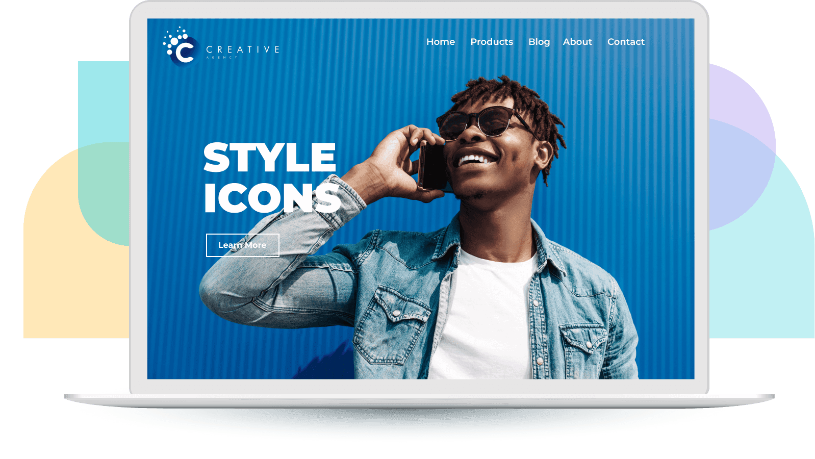 Laptop with WordPress website and man on phone