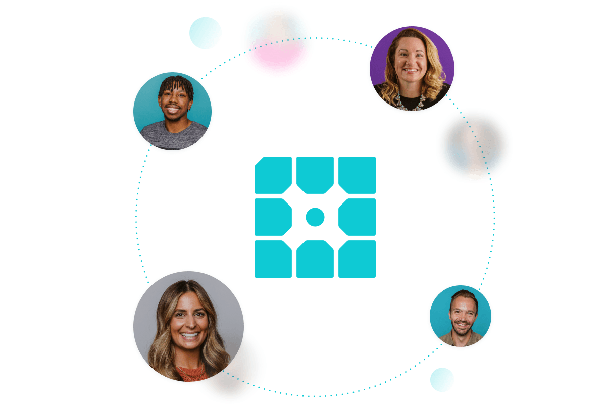 Graphic of WP Engine logo with photos of smiling people surrounding it