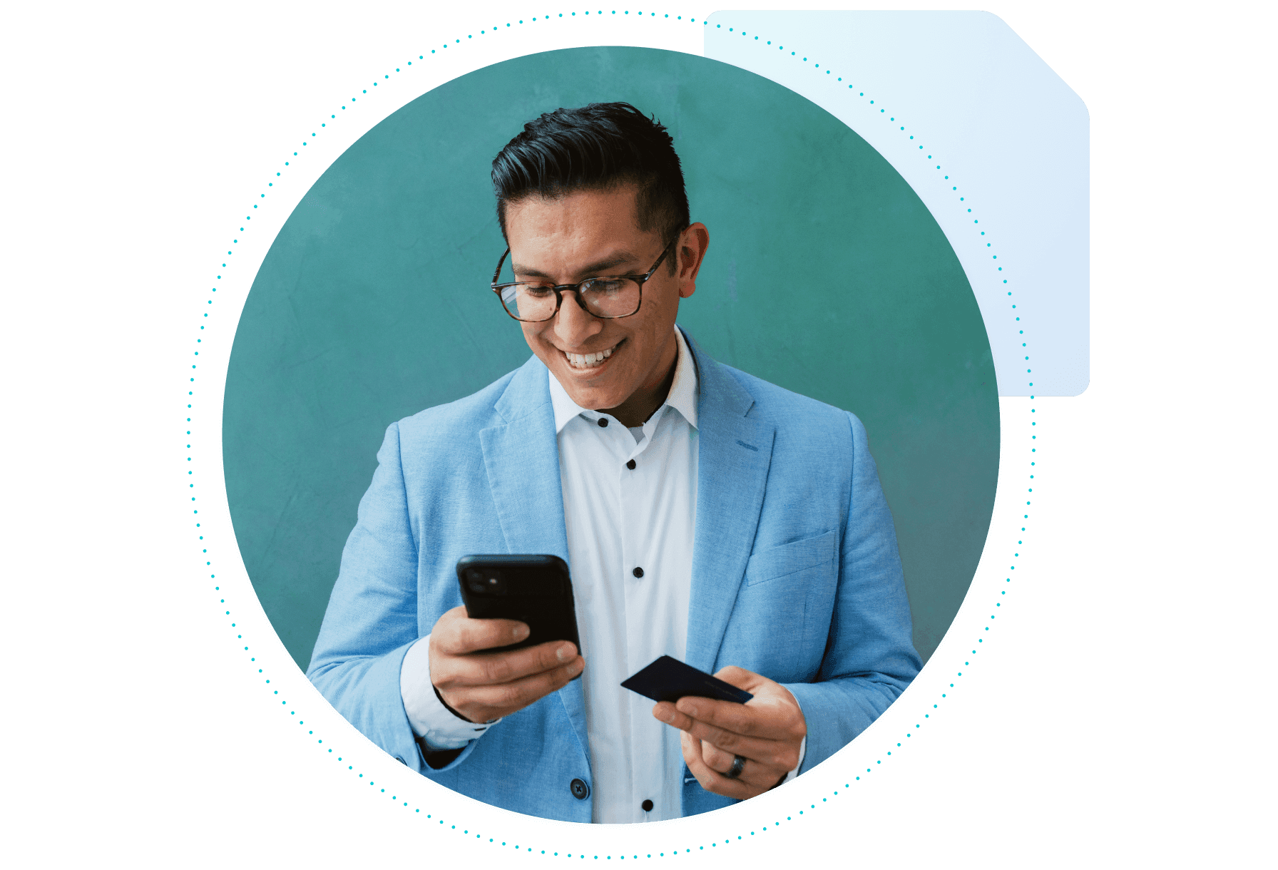 man holding excitedly mobile device and credit card