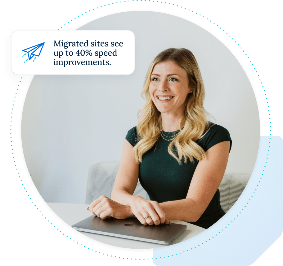 woman smiling with laptop and callout saying Migrated sites see up to forty percent speed improvements